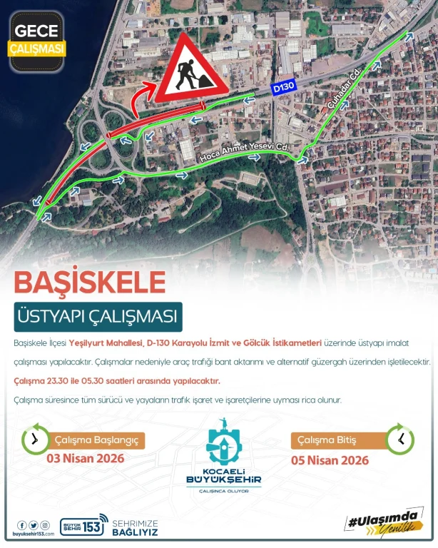 Başiskele Kavşağı’nda gece mesaisi: Trafikte dikkat!